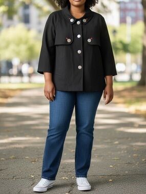 Pennington’s Black Button Up 3/4 Sleeve Spring Pea Coat Sz 16